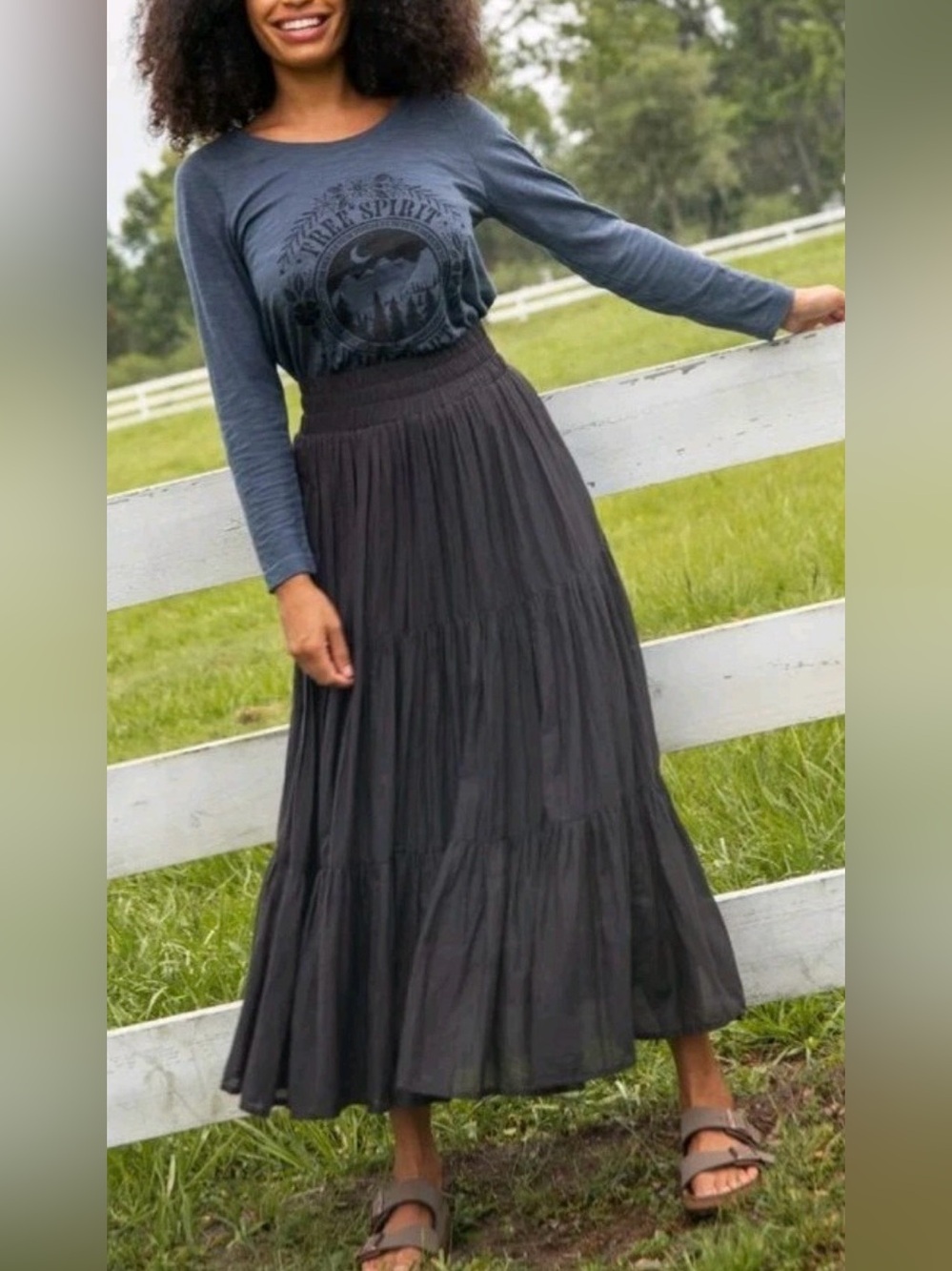 Natural Life Ariella Tiered Cotton Maxi Skirt Dark Brown Boho Cottagecore Earthy